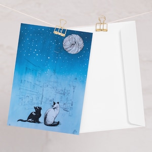 Wenskaart TAILS BY MOONLIGHT, 3 maten, aan beide zijden bedrukt, geschikt voor elke gelegenheid, magie, katten, sterren. vrienden, cadeau, Niki McQueen