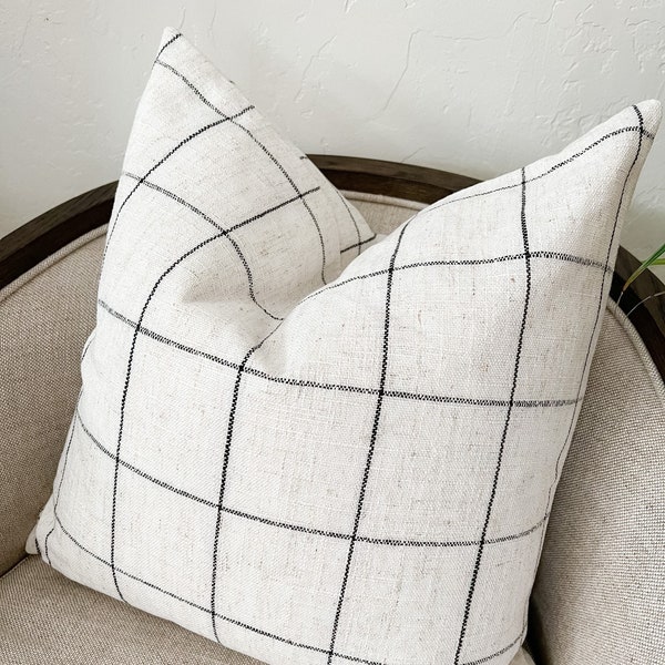 White Window Pane with Black Grid Woven Pillow Cover, Plaid Pillow Cover 20x20, Modern Farmhouse Decor 16x16, Linen Throw Pillow Cover 24x24