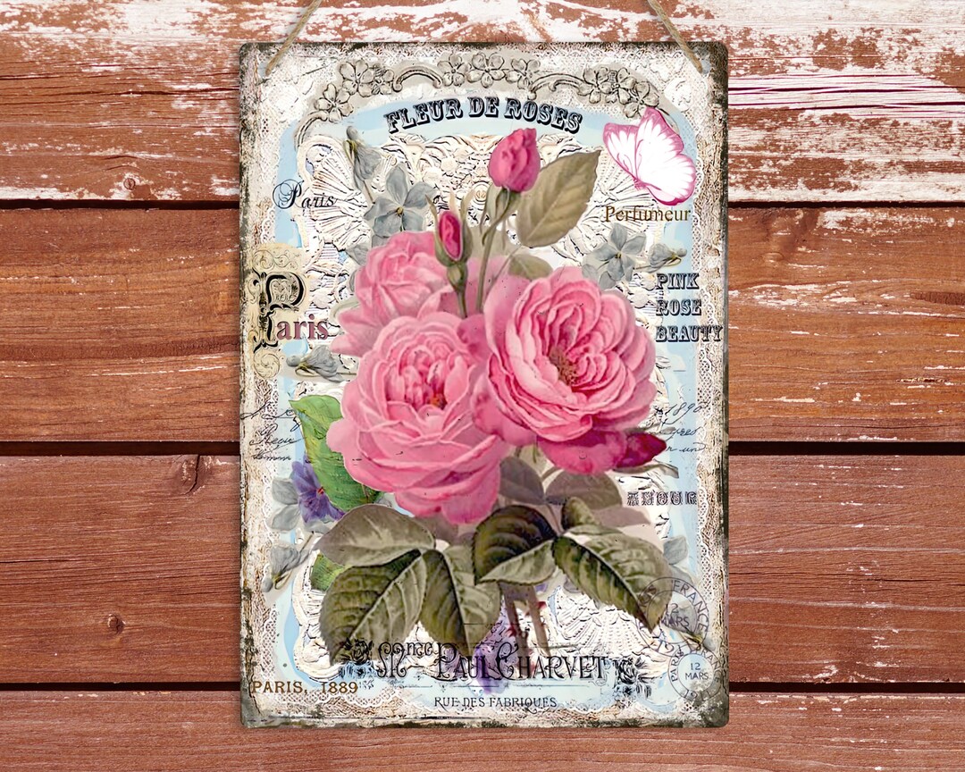 Shabby Chic Pink Rose Flower Vintage French Metal Sign, Wall Hanging ...