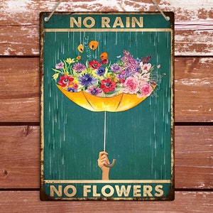 雨も花もないメタルサイン、アート装飾壁飾り、レトロな花柄の雨壁アート、ホームリビング装飾、花傘ヴィンテージ壁装飾ギフト