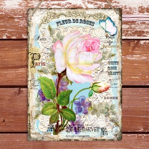 シャビーシックなホワイトローズメタルサイン：ヴィンテージフレンチフローラルウォールデコレーション