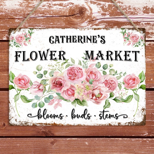 Flower Market Personalised Metal Sign, Vintage Floral Wall Plaque, Rustic Flower Shop Sign, Spring Wall Art Decor, Custom Name Florist Gift
