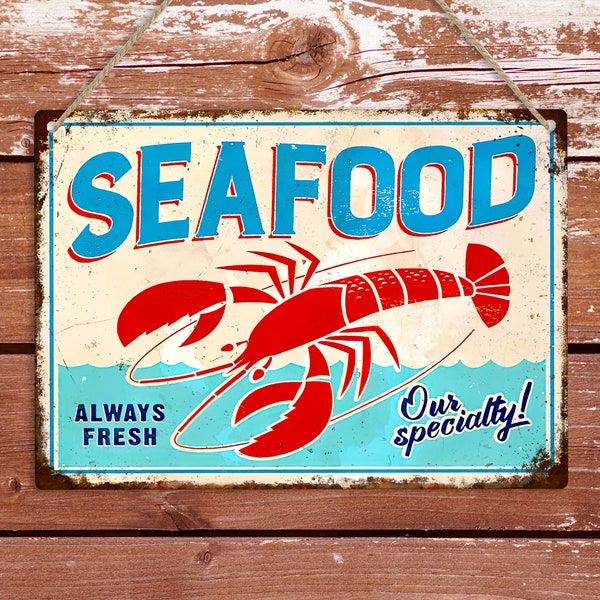 Seafood Vintage Restaurant Metal Sign, Retro Kitchen Home Bar Metal Wall Plaque, Sea Food Shop Lobster Art, Seaside Seafront Shell Decor