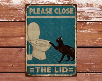 Black Cat Please Close The Lid, Vintage Bathroom Sign, Retro Bathroom Decor Metal Plaque, Rustic WC Toilet Decor, Funny Cat Lover Gift