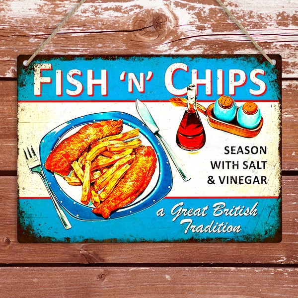 Fish N Chips Vintage Kitchen Metal Sign, Retro Diner Home Bar Metal Wall Plaque, Restaurant Shop Cafe Pub Wall Decor Art, Cooking Lover Gift
