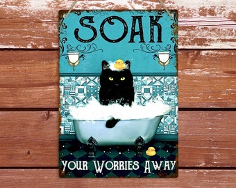 Letrero metálico vintage para baño, diseño de gato negro que te ayuda a olvidar tus preocupaciones, placa de hojalata con decoración retro para baño, decoración divertida para inodoro, regalo para amantes de los gatos.