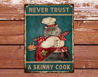 Funny Cat Chef Metal Sign: Kitchen Wall Art Decor