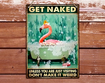 Get Nakd Pink Flamingo Metal Sign, Funny Retro Restroom Wall Decor, Vintage Bathroom Wall Art Decoration, Home Living  Shower Toilet WC Gift