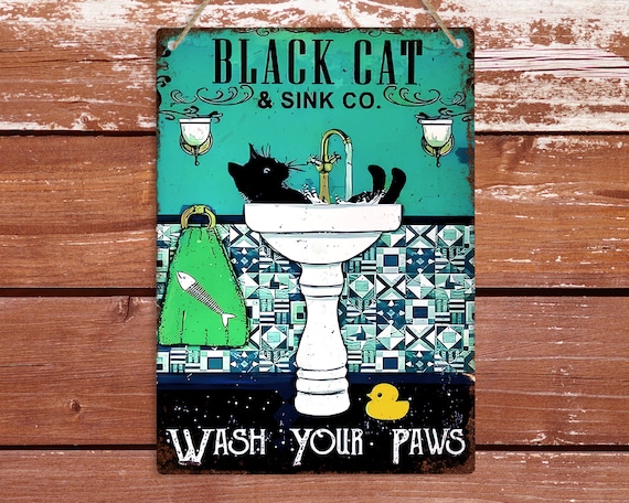 Black Cat Wash Your Paws | Vintage Rustic Bathroom Sign | Retro Bathroom Decor Metal Plaque | Funny WC Toilet Hanging Decor | Cat Lover Gift