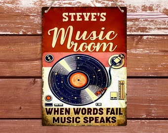 Personalised Music Room Retro Metal Sign, Vintage Wall Plaque, Custom Text Decor, Any Name Music Lover Gift, Vinyl Record Collector Gift