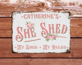 Personalised She Shed Sign, Metal Garden Wall Plaque, Women's Shed Door Decor, Custom Gift for Her, Vintage Retro Style Waterproof Tin Sign