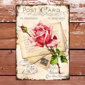 Vintage carte postale floral shabby chic enseigne en métal à la française, plaque à suspendre murale décoration de chambre à coucher rose impression d'art maison art déco cadeau