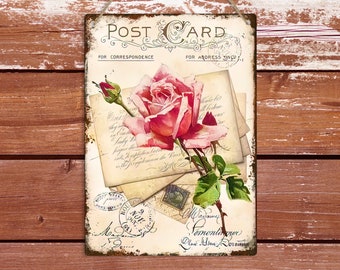 May include: Vintage style postcard with a pink rose and handwritten text. The postcard says "POST CARD" and "FOR CORRESPONDENCE" and "FOR ADDRESS ONLY".