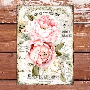 シャビーシックな牡丹の花のヴィンテージフレンチメタルサイン、壁掛けプレート、寝室の装飾、牡丹のアートプリント、ユニークなホームアート装飾ギフト