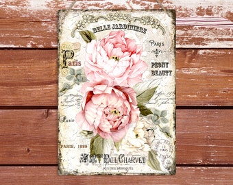 May include: Vintage style floral print with pink peonies and white flowers. The print features the text "Belle Jardiniere", "Paris", "Peony Beauty", "Paris, 1889", and "St. Paul Charvet, Rue des Briques".