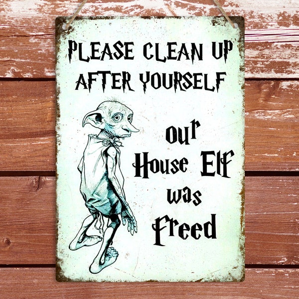 Please Clean Up After Yourself Retro Style Metal Sign Funny Second Ave Wizard Sign House Elf Tin Plaque Art Hanging Decoration Sign Gift