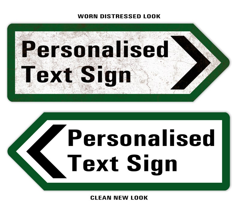 Puede incluir: Dos letreros de texto personalizados con borde verde y fondo blanco. El letrero superior tiene una flecha negra apuntando hacia la derecha y el texto "Letrero de texto personalizado". El letrero inferior tiene una flecha negra apuntando hacia la izquierda y el texto "Letrero de texto personalizado".
