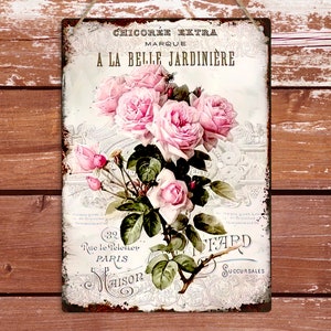 シャビーシックなバラのヴィンテージフレンチメタルサイン壁掛けプレート、寝室ポーチ装飾、バラの花のアートプリント、花柄ホームアート装飾ギフト