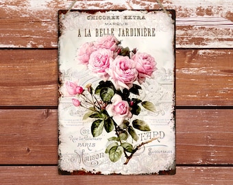 Shabby Chic Roses Vintage French Metal Sign Wall Hanging Plaque, Bedroom Porch Decoration, Rose Flower Art Print, Floral Home Art Decor Gift