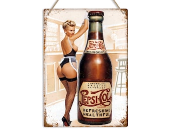 Pepsi Pin Up Girl Metal Sign: Retro Bar Decor