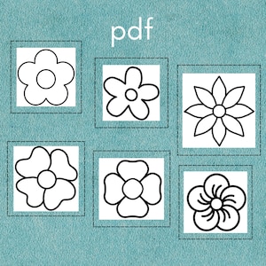 Puede incluir: Cinco dibujos en blanco y negro de diferentes formas de flores. La palabra "pdf" está en la parte superior de la imagen.