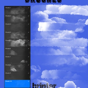 May include: Digital art brushes for cloud effects. The image shows a blue background with white cloud illustrations and a preview of 10 cloud brushes. Text reads "CLOUD BRUSHES", "brinter", and "10 Brushes - seamless texture".
