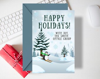 Editable Penguin Skiing Christmas Card: Canva Holiday Card (Digital Download)