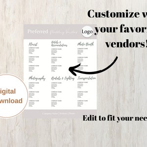 May include: A digital download wedding vendor template with sections for florist, hotels, photo booth, photography, rentals, and transportation. The template includes the text "Customize with your favorite vendors!" and "Edit to fit your needs!"