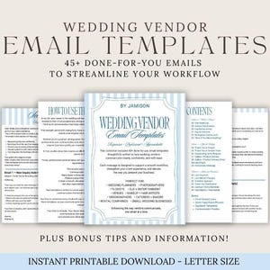 Op de afbeelding: Printbare e-mail templates voor trouwleveranciers. Het ontwerp heeft een lichtblauwe en witte gestreepte rand. De tekst luidt "Wedding Vendor Email Templates" en "45+ kant-en-klare e-mails". De templates zijn ontworpen om de workflow te stroomlijnen.