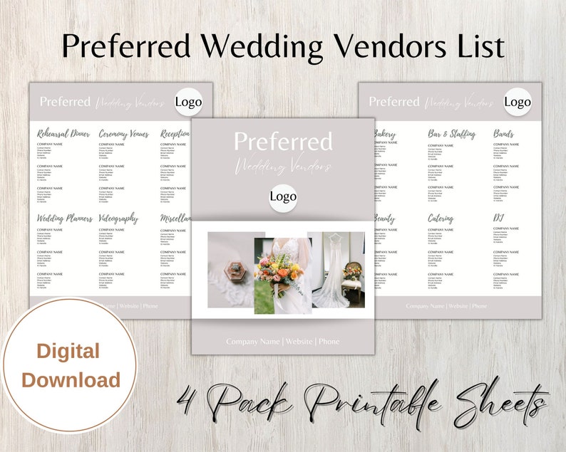 May include: A digital download of a wedding vendor list with the text "Preferred Wedding Vendors List." The design includes four printable sheets with categories like "Rehearsal Dinner," "Ceremony Venues," and "Reception." The image also includes the text "Digital Download" and "4 Pack Printable Sheets."