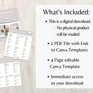 May include: A digital download template for wedding planning, featuring three light gray cards with the text "Preferred Wedding Vendors" and a list of vendor categories. The image also includes a list of what's included.