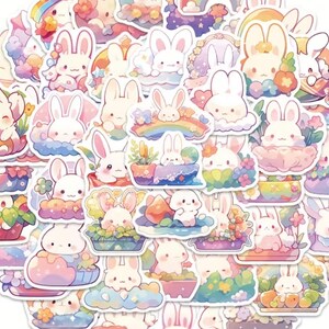 May include: A selection of colourful stickers featuring cute cartoon bunnies in various poses. The stickers depict bunnies in pastel settings with rainbows, flowers, and clouds. The overall design is charming and whimsical.