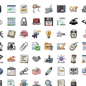 May include: A collection of colourful stickers featuring various office, technology, and programming themes. Icons include a coffee mug, floppy disk, brain, lightbulb, alarm clock, scissors, paperclip, and various text labels like 404, TODO, and syntax error.