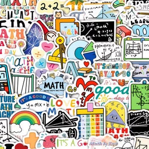 Könnte beinhalten: Eine Sammlung farbenfroher Aufkleber zum Thema Mathematik. Die Aufkleber zeigen Gleichungen, geometrische Formen und Sätze wie "Mathematik ist wichtig" und "Es ist ein guter Tag, um Mathe zu machen". Verschiedene Farben und Designs sind vorhanden.