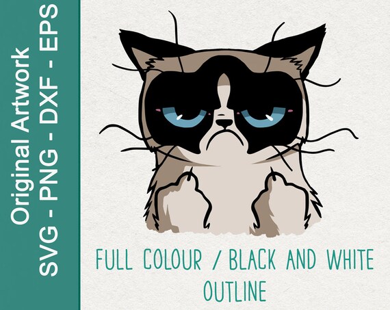 Grumpy Cartoon Cat Hand-drawn Design for Cards, T shirts, Prints.  Full-colour and black/white outline SVG files. Funny, sarcastic, meme.