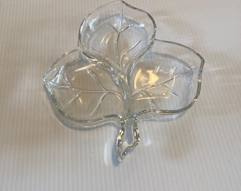 Vintage Clear Glass Leaf Dish 3 Sections