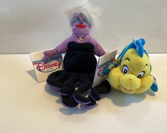 Vintage Little Mermaid Movie Bean Bag Flounder and Ursula with Tags, Sold as a Set