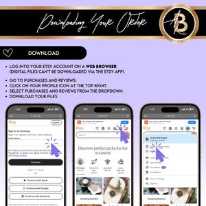 Op de afbeelding: Een screenshot van de Etsy-app met instructies over het downloaden van digitale bestanden. De instructies zeggen om in te loggen op je Etsy-account in een webbrowser, naar aankopen en beoordelingen te gaan, te klikken op je profielpictogram rechtsboven, aankopen en beoordelingen te selecteren in het vervolgkeuzemenu en je bestanden te downloaden.