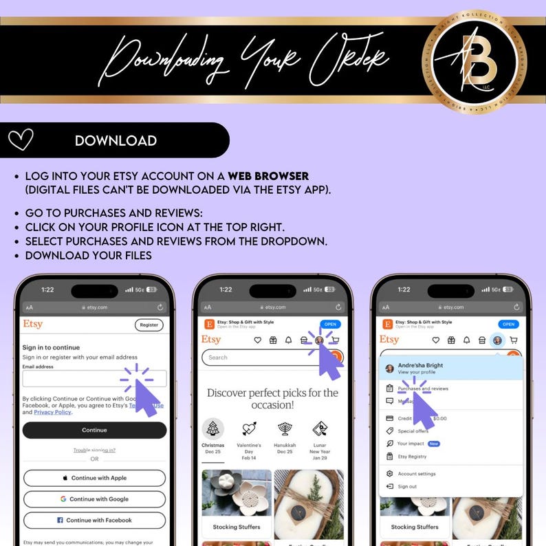 Op de afbeelding: Een screenshot van de Etsy-app met instructies over het downloaden van digitale bestanden. De instructies zeggen om in te loggen op je Etsy-account in een webbrowser, naar aankopen en beoordelingen te gaan, te klikken op je profielpictogram rechtsboven, aankopen en beoordelingen te selecteren in het vervolgkeuzemenu en je bestanden te downloaden.