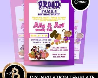 Bearbeitbare Stolz Familie Geburtstagsfeier Digitale Einladung Vorlage Twin Girls Edition | Einladung zur Geburtstag-Party | Sofortdownload | PFK1