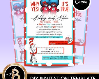 Bearbeitbare Thing 1 und 2 Gender Reveal Digitale Einladungsvorlage | Zwillinge Geschlecht offenbaren Einladung | Sofort Download