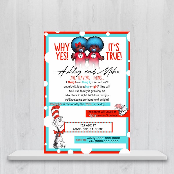 Editable Thing 1 and 2 Gender Reveal Digital Invitation Template  | Twins Gender Reveal Invitation | Instant Download