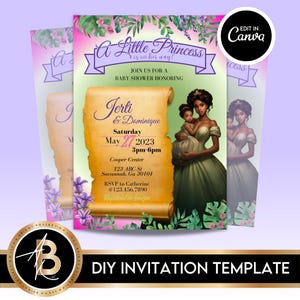 May include: A printable baby shower invitation template featuring a cartoon illustration of a Black princess and her daughter. The invitation is decorated with flowers and greenery. The text on the invitation reads "A Little Princess is on her way!" and includes the names "Jerti & Dominique", the date "May 27, 2023", and the time "3pm-6pm".