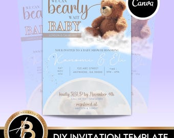 Bearbeitbare Junge „Bearly Warten“ Babyparty Digitale Einladungsvorlage | Babypartyeinladung | Sofort Download