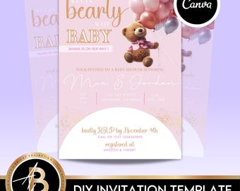 Bearbeitbare Junge „Bearly Warten“ Babyparty Digitale Einladungsvorlage | Babypartyeinladung | Sofort Download