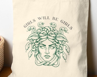 Girls Will Be Girls Medusa Illustration Cotton Canvas Tote Bag