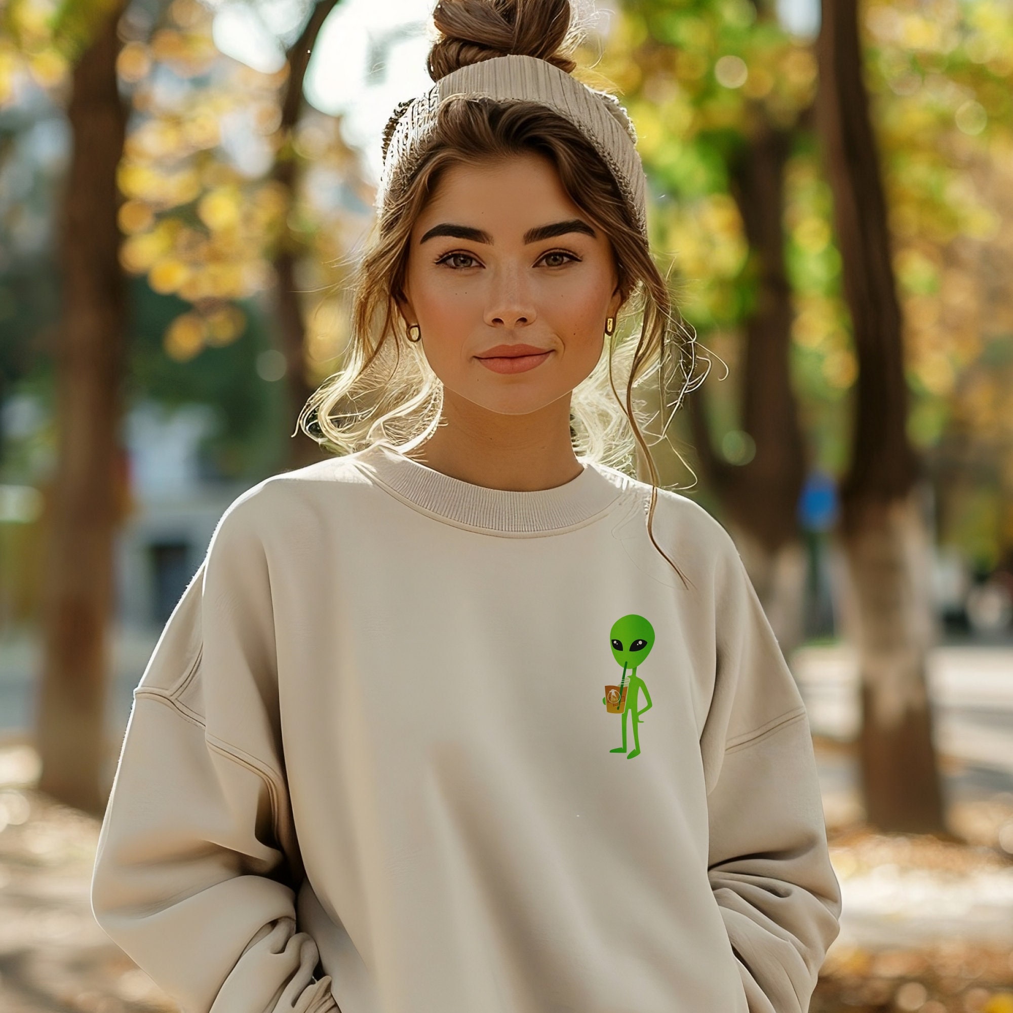 Iced Coffee Alien Sweater for Halloween Sweatshirt Pumpkin Spice Coffee Lover Gift for Alien Lover Pullover Simple UFO Space Sweatshirt