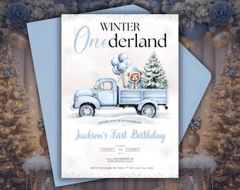 May include: A light blue invitation card with a winter theme. The card features a watercolor illustration of a truck carrying a teddy bear, balloons, and a Christmas tree. Text includes "Winter Onederland" and "Jackson's First Birthday".