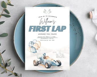 Race Car First Birthday Invitation: Vintage Racing Theme (Editable Canva Template) R374