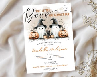 Ghost Twins Baby Shower Invitation: Halloween Theme (Digital Download, Editable Canva Template) BT145